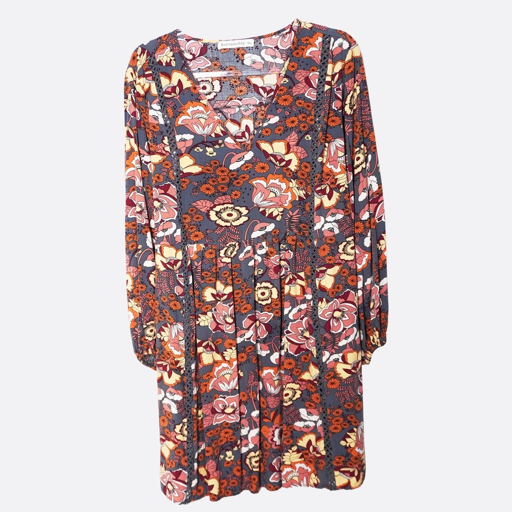 Boho Crochet Trim 100% Viscose XXL 2X Slate Teal Orange Floral Mini Dress - Picture 2 of 10